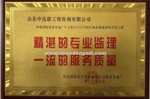 華電鄒縣發(fā)電廠項(xiàng)目部榮獲“精湛的專業(yè)監(jiān)理，一流的服務(wù)質(zhì)量”獎(jiǎng)牌