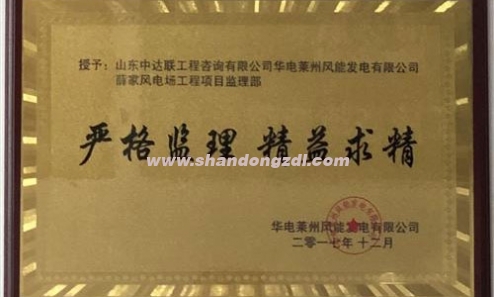 華電萊州薛家風(fēng)電場(chǎng)項(xiàng)目部榮獲“嚴(yán)格監(jiān)理，精益求精”獎(jiǎng)牌